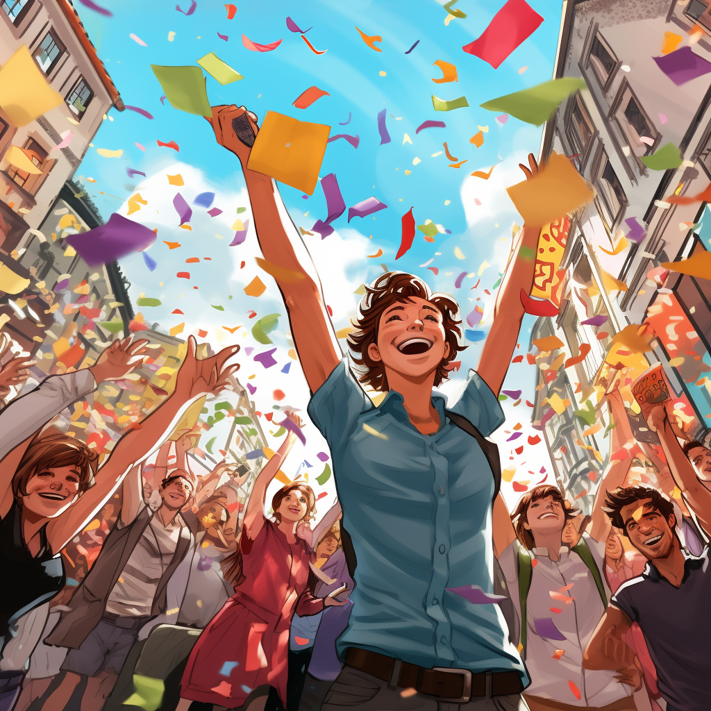 An happy demonstration in a street with flying colorful confetti