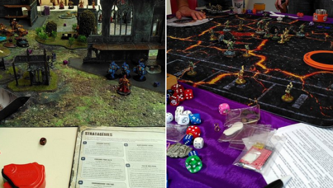 2 tables de jeu : un de Warhammer 40k et une de bloodbowl